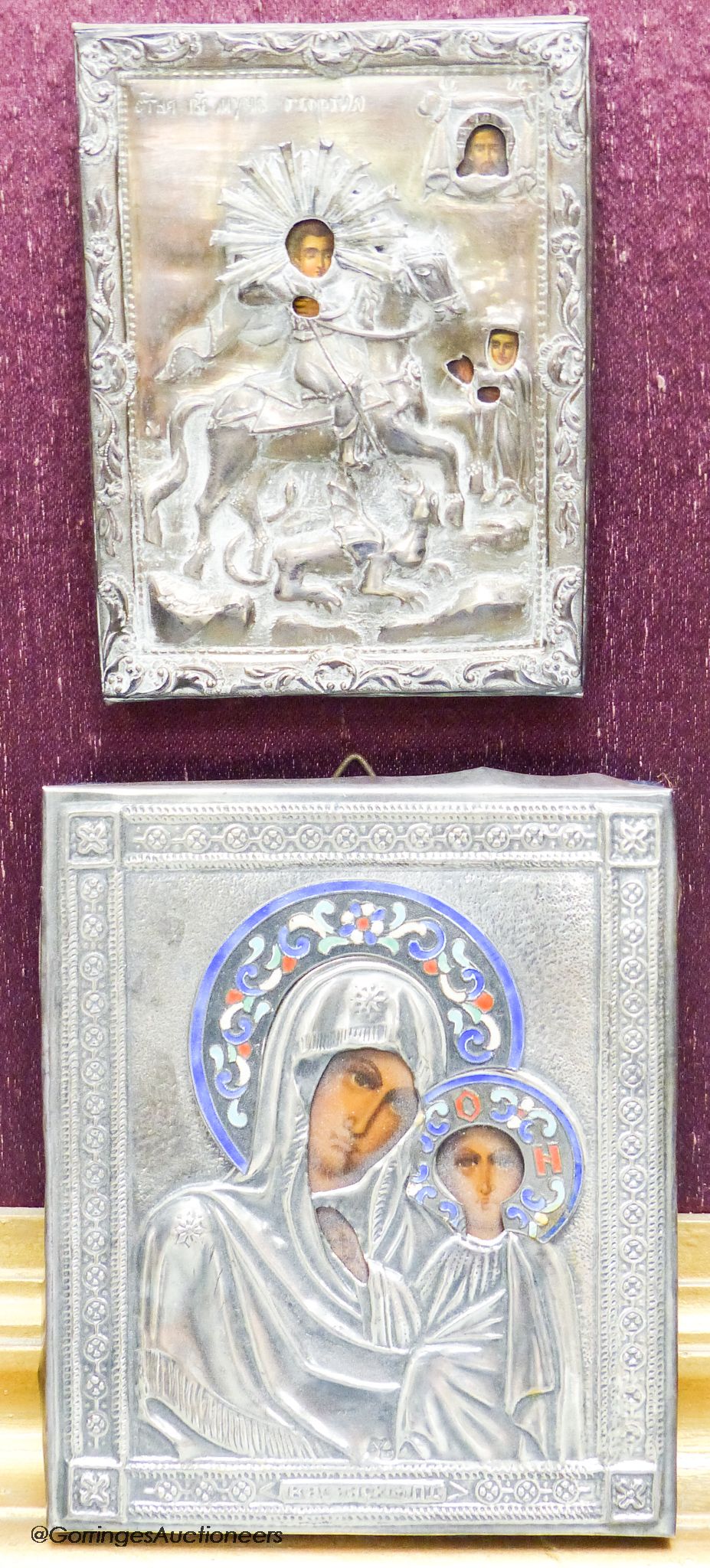 A Greek and Russian icon, largest 13 x 11cm, with white metal oklads